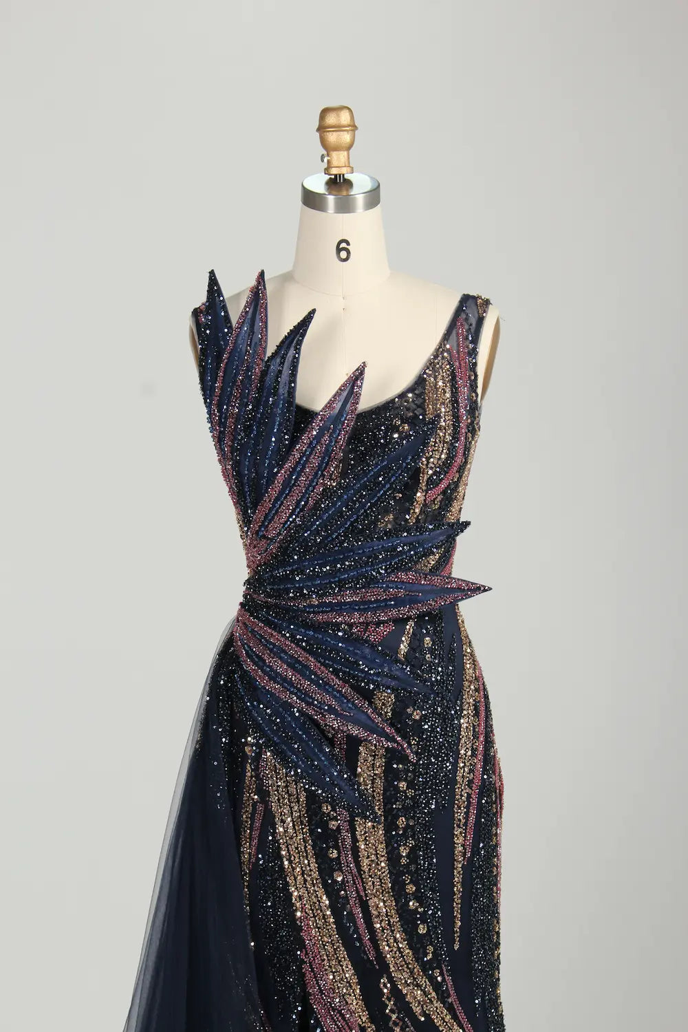 Sculptural Black Beaded Mermaid Evening Dress with Side Train MC147