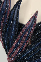 Sculptural Black Beaded Mermaid Evening Dress with Side Train MC147
