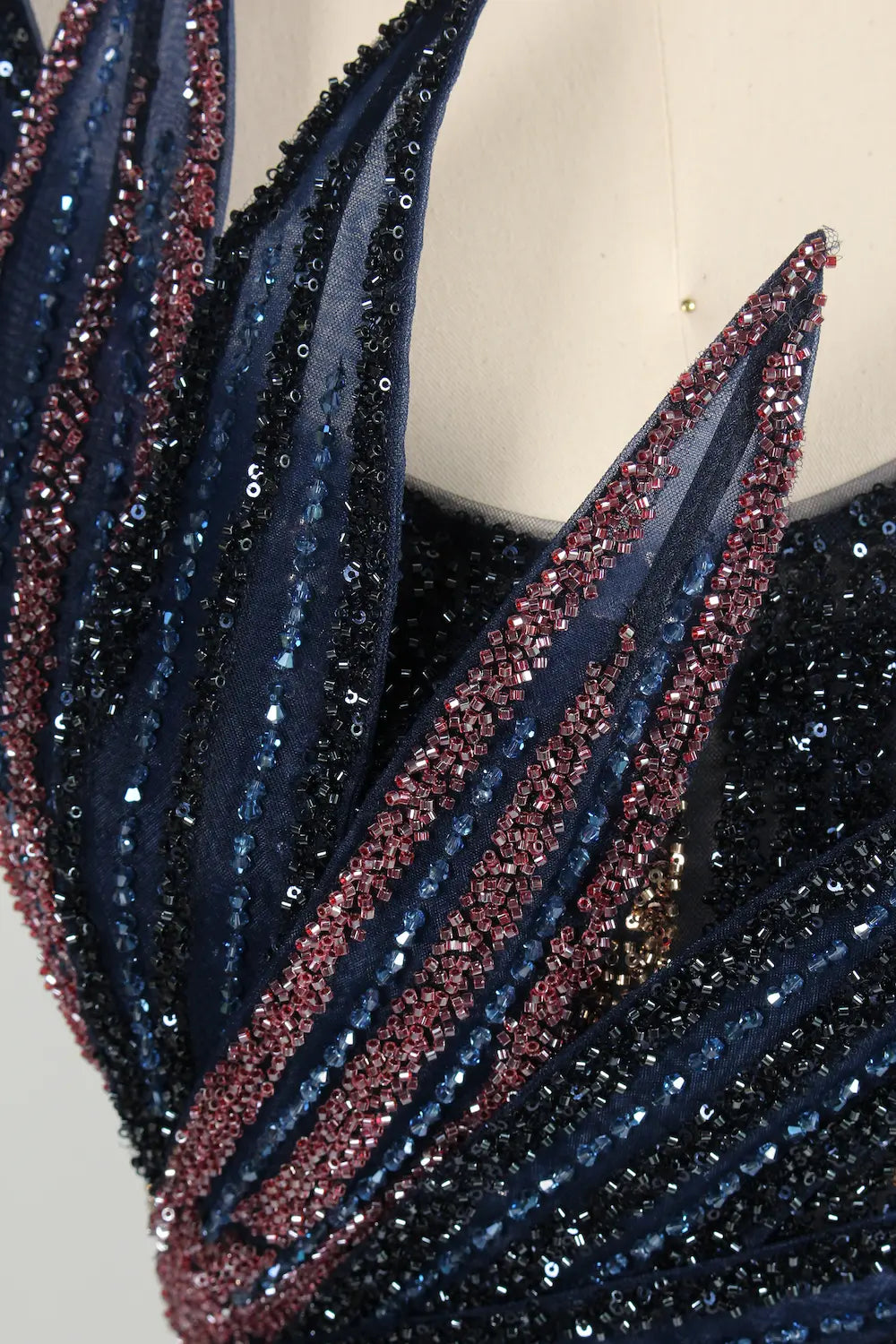 Sculptural Black Beaded Mermaid Evening Dress with Side Train MC147