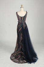 Sculptural Black Beaded Mermaid Evening Dress with Side Train MC147