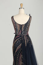 Sculptural Black Beaded Mermaid Evening Dress with Side Train MC147