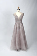 V-Neck Beaded A-Line Mother of the Bride Dress with Cap Sleeves MC062