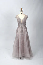 V-Neck Beaded A-Line Mother of the Bride Dress with Cap Sleeves MC062