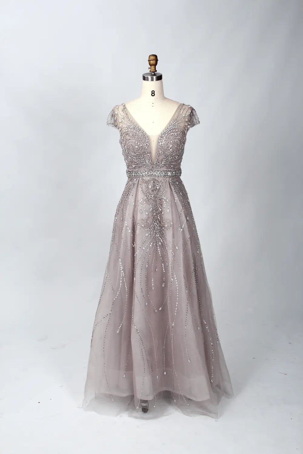 V-Neck Beaded A-Line Mother of the Bride Dress with Cap Sleeves MC062