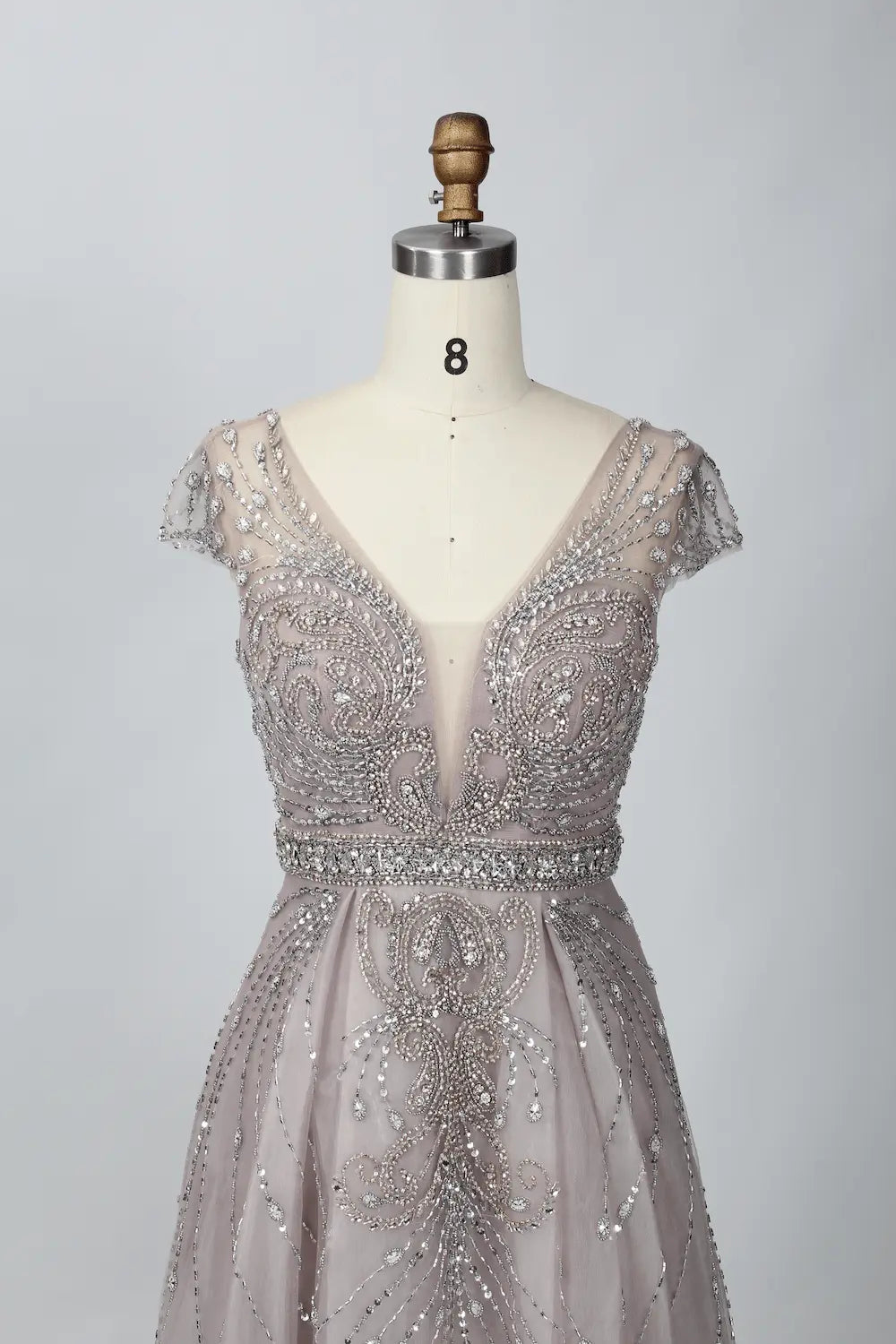 V-Neck Beaded A-Line Mother of the Bride Dress with Cap Sleeves MC062