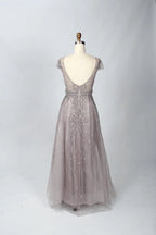 V-Neck Beaded A-Line Mother of the Bride Dress with Cap Sleeves MC062