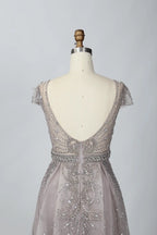 V-Neck Beaded A-Line Mother of the Bride Dress with Cap Sleeves MC062