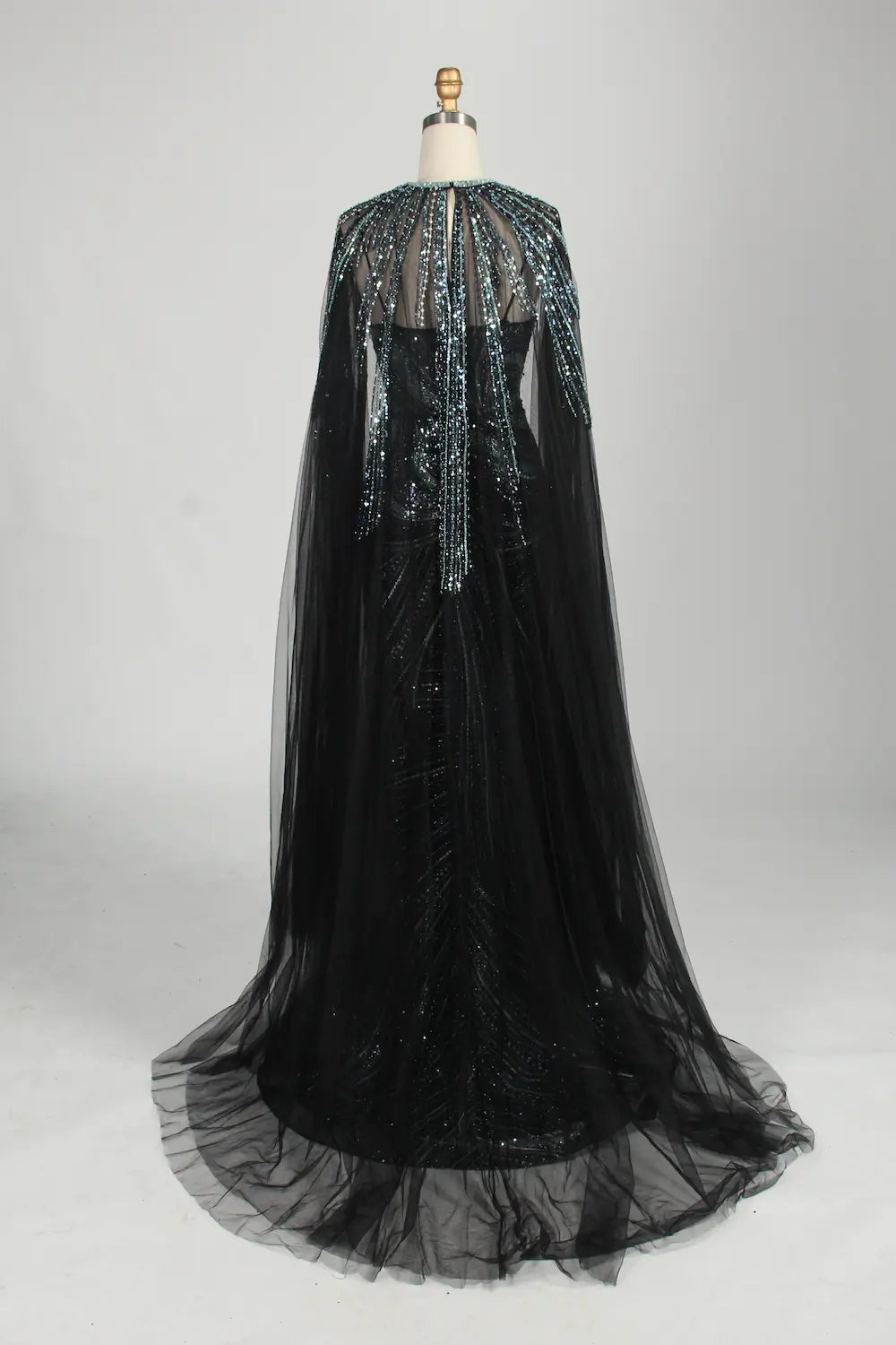 V-Neck Sequin Mermaid Mother of the Bride Dress with Detachable Cape MC146