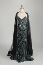 V-Neck Sequin Mermaid Mother of the Bride Dress with Detachable Cape MC146