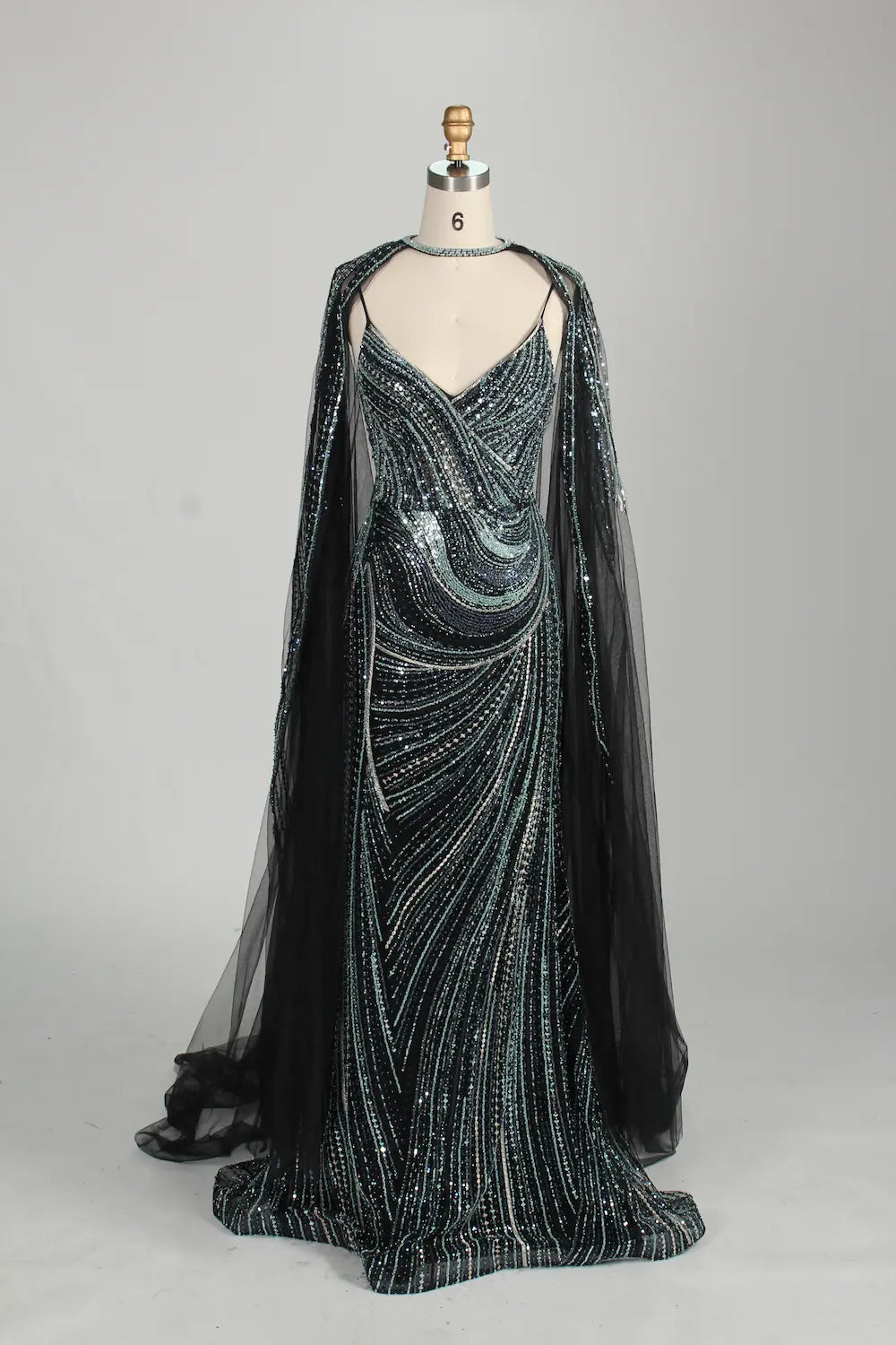 V-Neck Sequin Mermaid Mother of the Bride Dress with Detachable Cape MC146