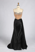 Black Strapless Beaded Corset Satin Mermaid Evening Gown MC188