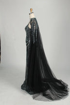 V-Neck Sequin Mermaid Mother of the Bride Dress with Detachable Cape MC146