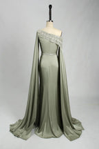 One Shoulder Sage Green Satin Mother of the Bride Dress KS029