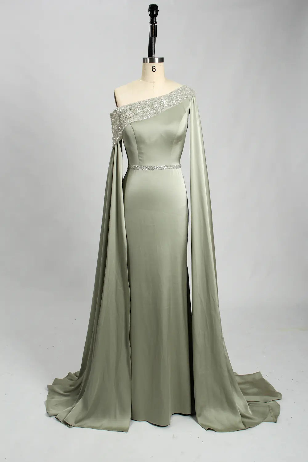 One Shoulder Sage Green Satin Mother of the Bride Dress KS029