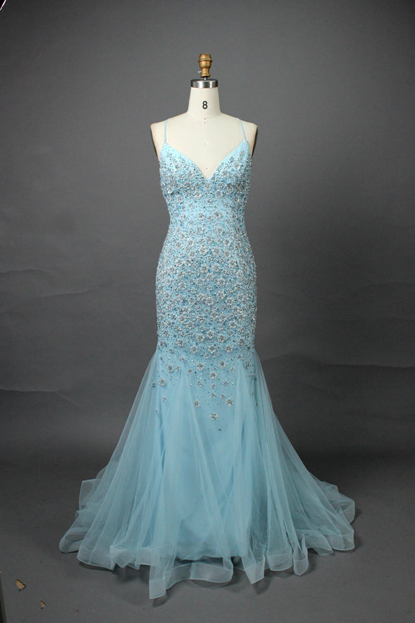 Displayed on a mannequin is a silver - gray mermaid - style gown. It features thin straps, a sweetheart neckline, intricate bead and sequin embroidery throughout, and a flowing tulle skirt. The elegant design creates a glamorous look, perfect for formal events like proms or weddings.7