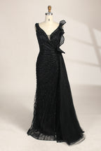 photograph of a mannequin wearing a stunning black evening gown, full-length, sleeveless, deep V-neck, intricate beadwork, flowing chiffon skirt, elegant, sophisticated, fashion, haute couture, runway model, high fashion, elegant design, detailed textures, luxurious, black and white, fashion photography, studio setting, plain background, soft lighting, shadow play, chic, elegant, classy, high-end fashion, glamour, haute couture fashion, evening wear.MC124-01