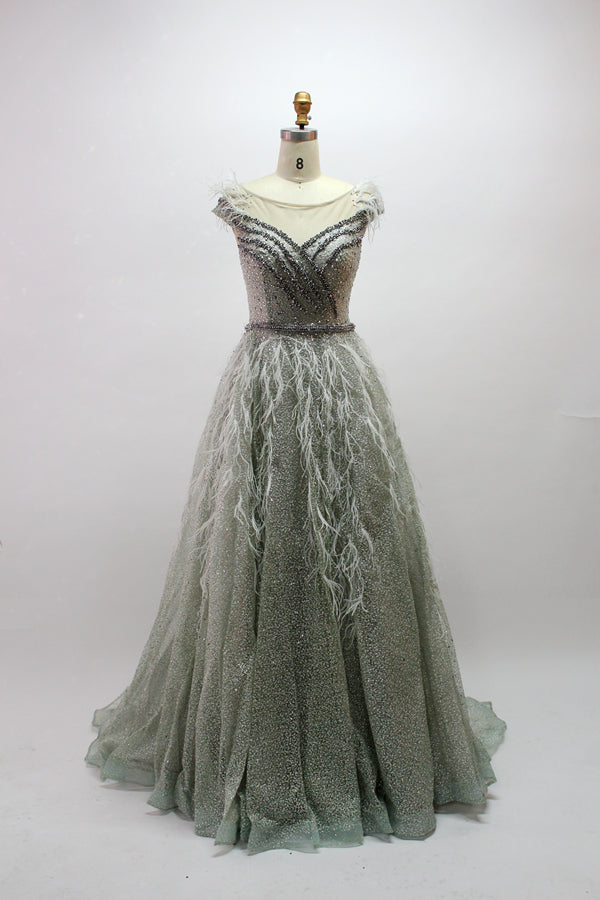 Wholesale Feather - Accented Glitter Tulle Mother Dress Mk017