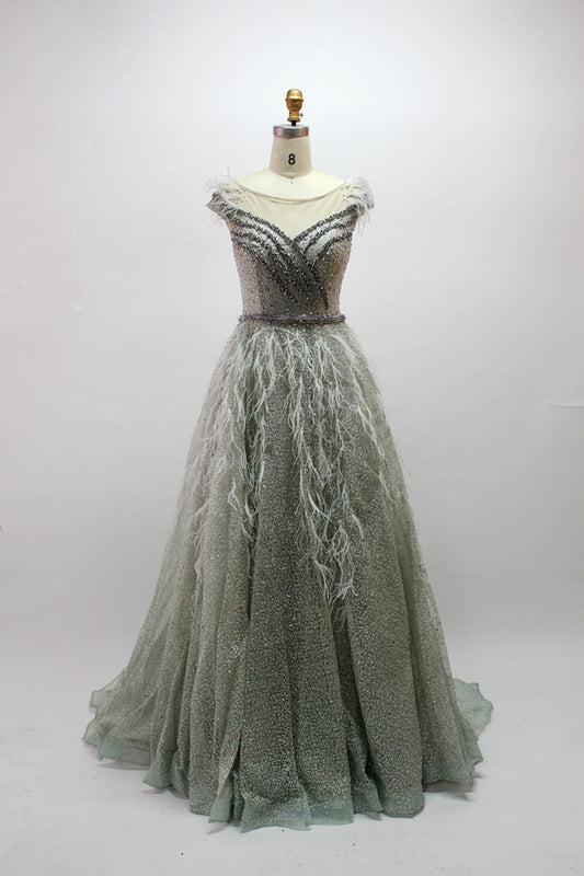 Glamorous Sophistication Wholesale Plus Size Evening Gowns for Mothers with Feather Accents MK017