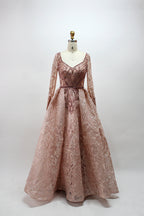 Showcased on a mannequin is a silver - gray evening gown. It has a V - neckline, long sleeves, and intricate lace embroidery all over. The elaborate design gives off a luxurious and elegant vibe, ideal for formal occasions.3