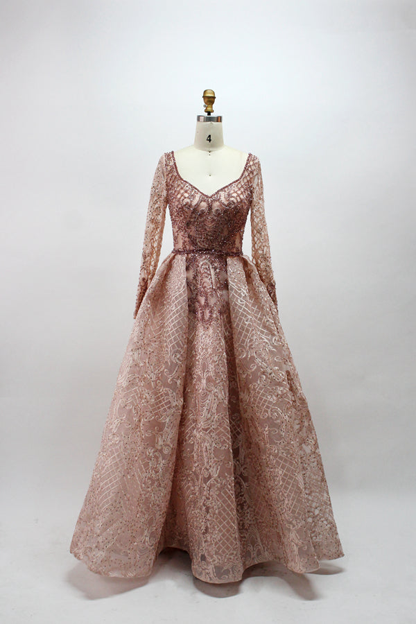 Showcased on a mannequin is a silver - gray evening gown. It has a V - neckline, long sleeves, and intricate lace embroidery all over. The elaborate design gives off a luxurious and elegant vibe, ideal for formal occasions.3
