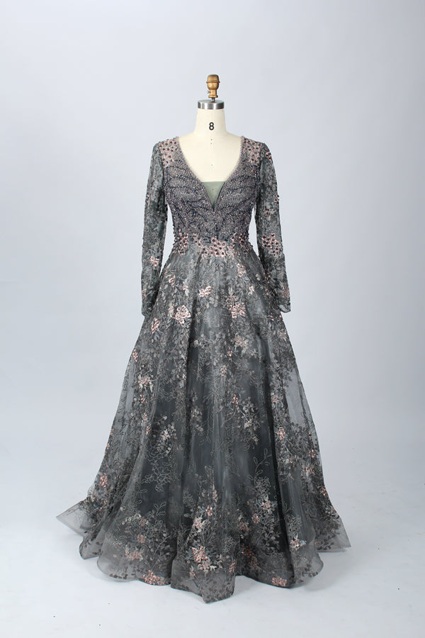 Supplier Plunging Floral Embroidered Mother of the Bride Dress MK060