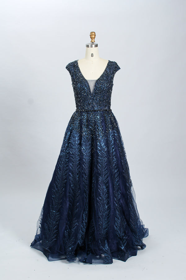 Supplier Plunging V - Neck Beaded Tulle Mother of the Bride Dress MK062