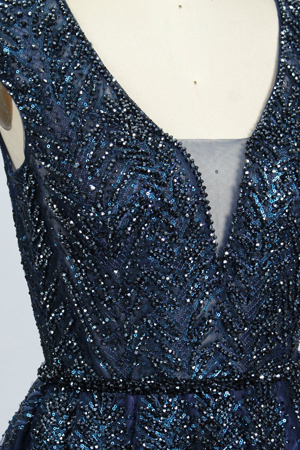 Supplier Plunging V - Neck Beaded Tulle Mother of the Bride Dress MK062