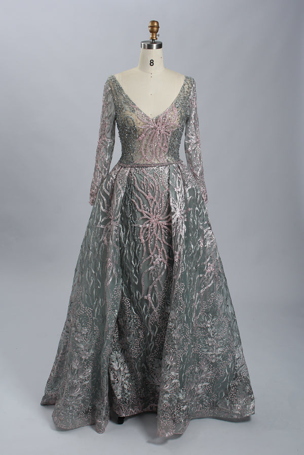 Supplier Plunging Embroidered Tulle Mother of the Bride Dress MK070