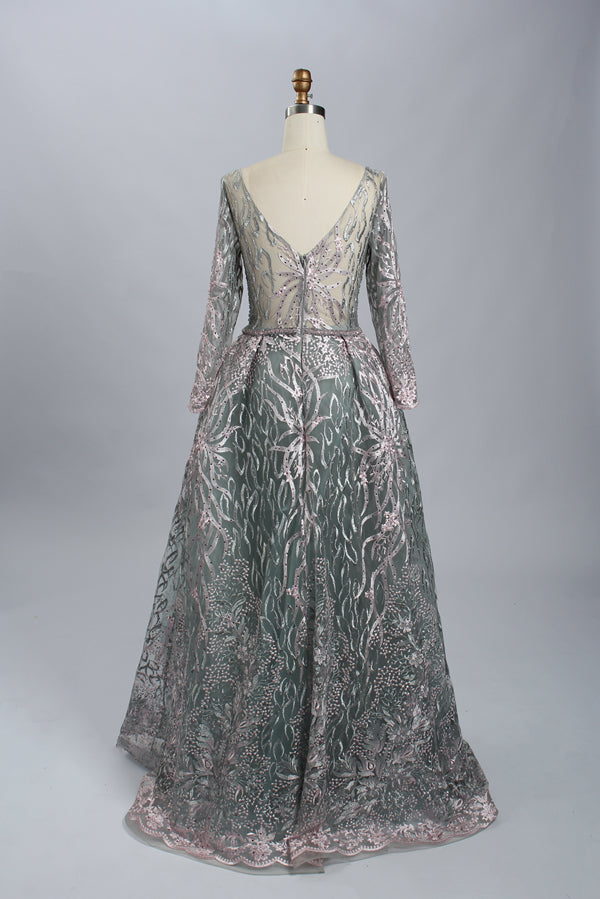Supplier Plunging Embroidered Tulle Mother of the Bride Dress MK070
