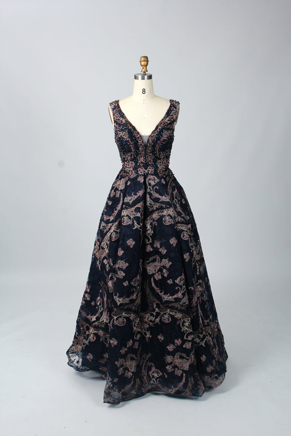 Supplier Plunging Embroidered Tulle Mother of the Bride Dress MK079