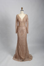 Wholesale Beaded Mesh Navy Evening Gown, Long Sleeve mk097