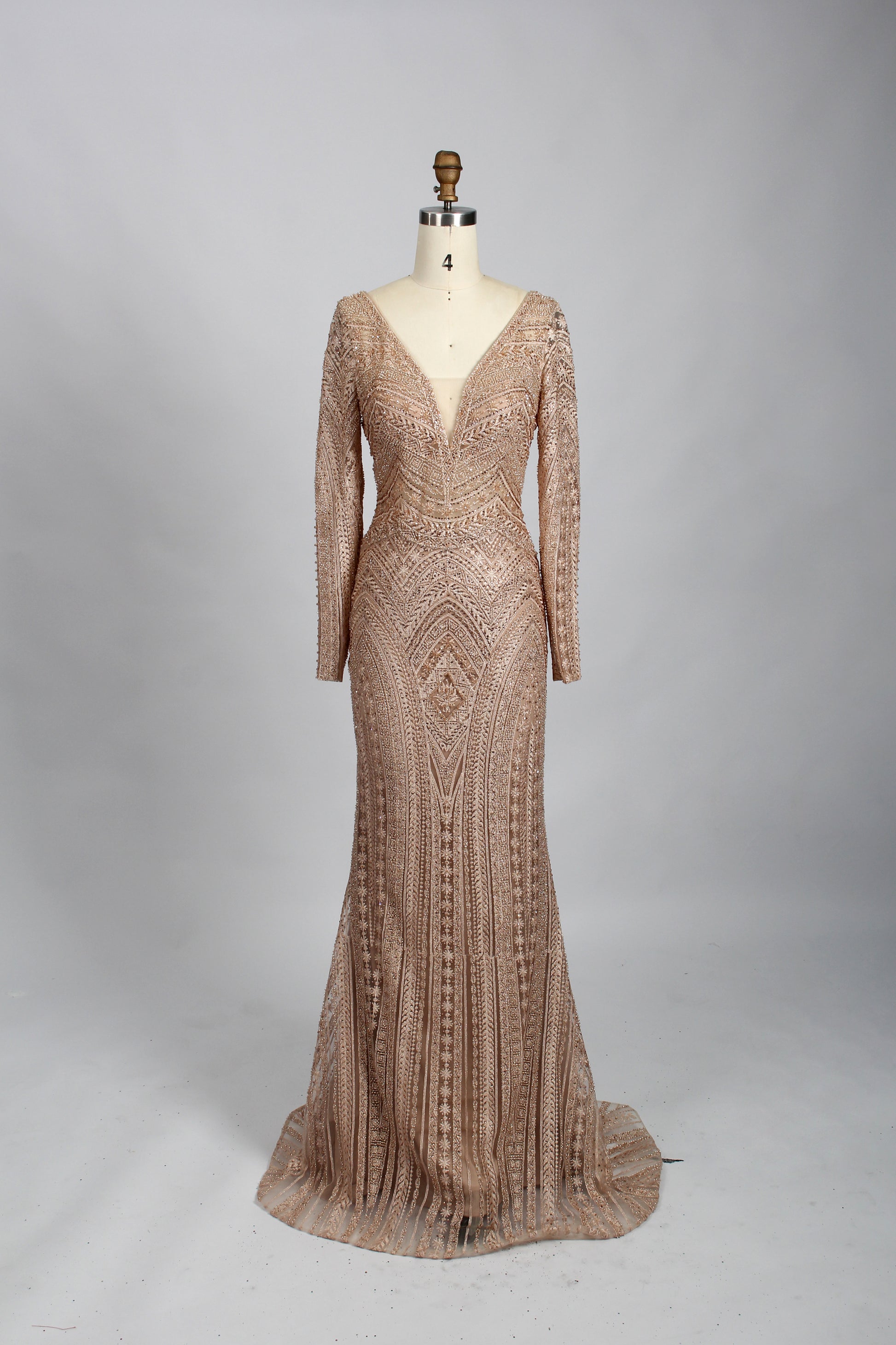 Wholesale Beaded Mesh Navy Evening Gown, Long Sleeve mk097