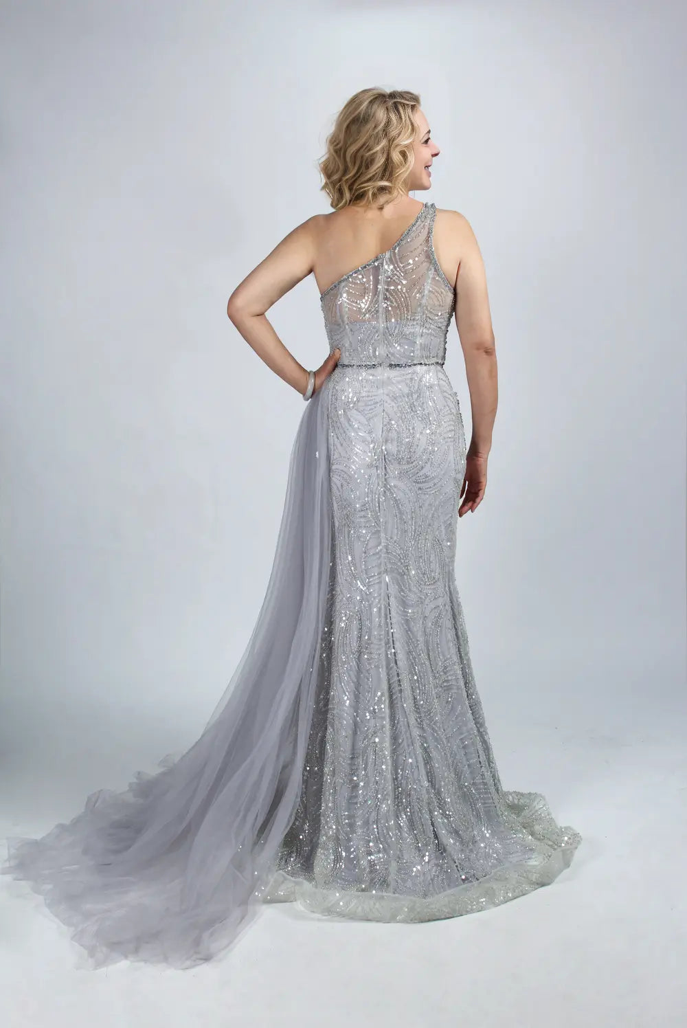 Silver Gray Modern One Shoulder Beaded Mermaid Evening Dress MK098