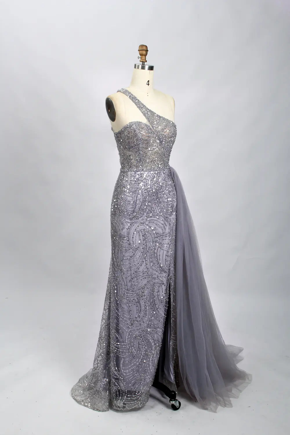 Silver Gray Modern One Shoulder Beaded Mermaid Evening Dress MK098