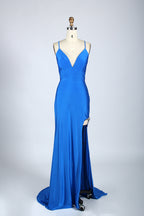 Displayed on a mannequin is a black evening gown. It features spaghetti straps, a deep V - neck, and a high slit with crystal detailing, creating a sleek and glamorous look for formal events.8
