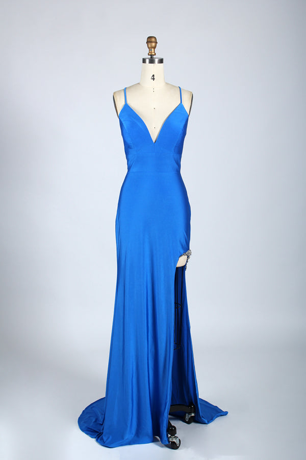 Displayed on a mannequin is a black evening gown. It features spaghetti straps, a deep V - neck, and a high slit with crystal detailing, creating a sleek and glamorous look for formal events.8