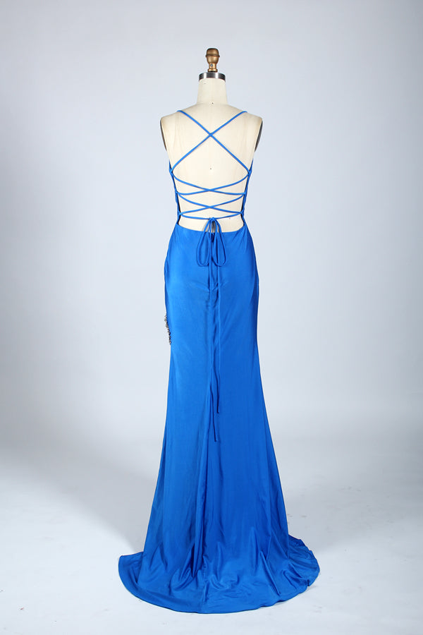 Wholesale Simple Mermaid Prom Dresses with Side Slit and Tie Back QT015
