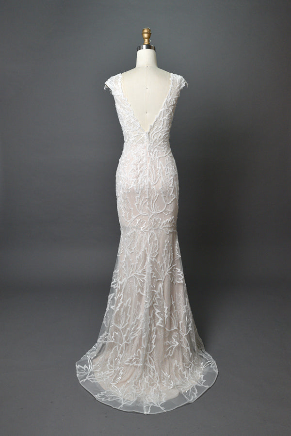 Wholesale Sheer V - Neck Leaf - Lace Mermaid Wedding Dress 3285