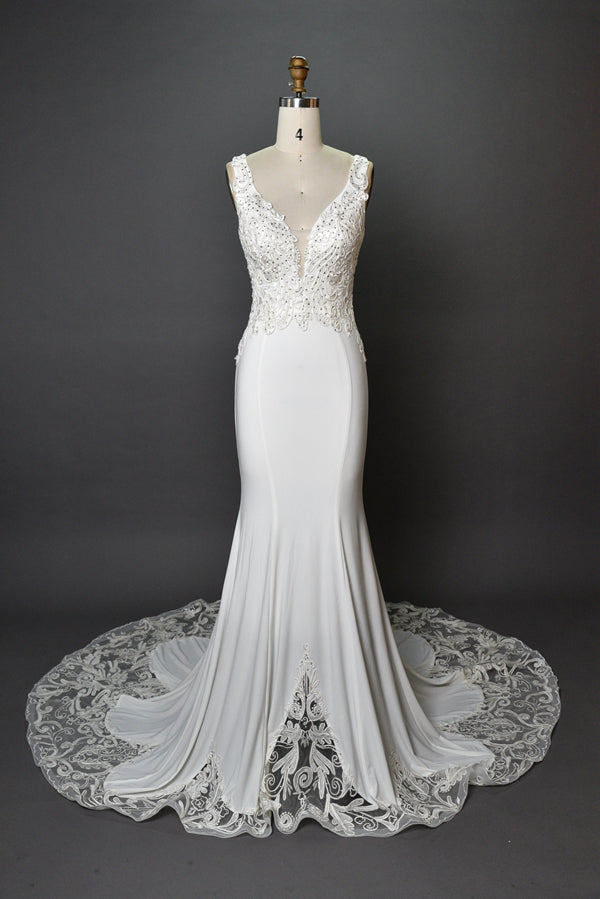 Wholesale Beaded V - Neck Mermaid Wedding Dress with Lace Train 3284