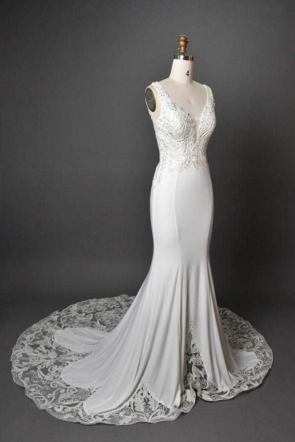 Wholesale Beaded V - Neck Mermaid Wedding Dress with Lace Train 3284