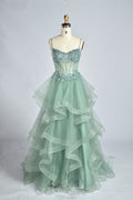Sage green corset strap prom dress with layered ruffle tulle skirt