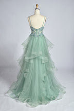Sage green corset-style strap prom dress, back view, layered ruffle tulle skirt