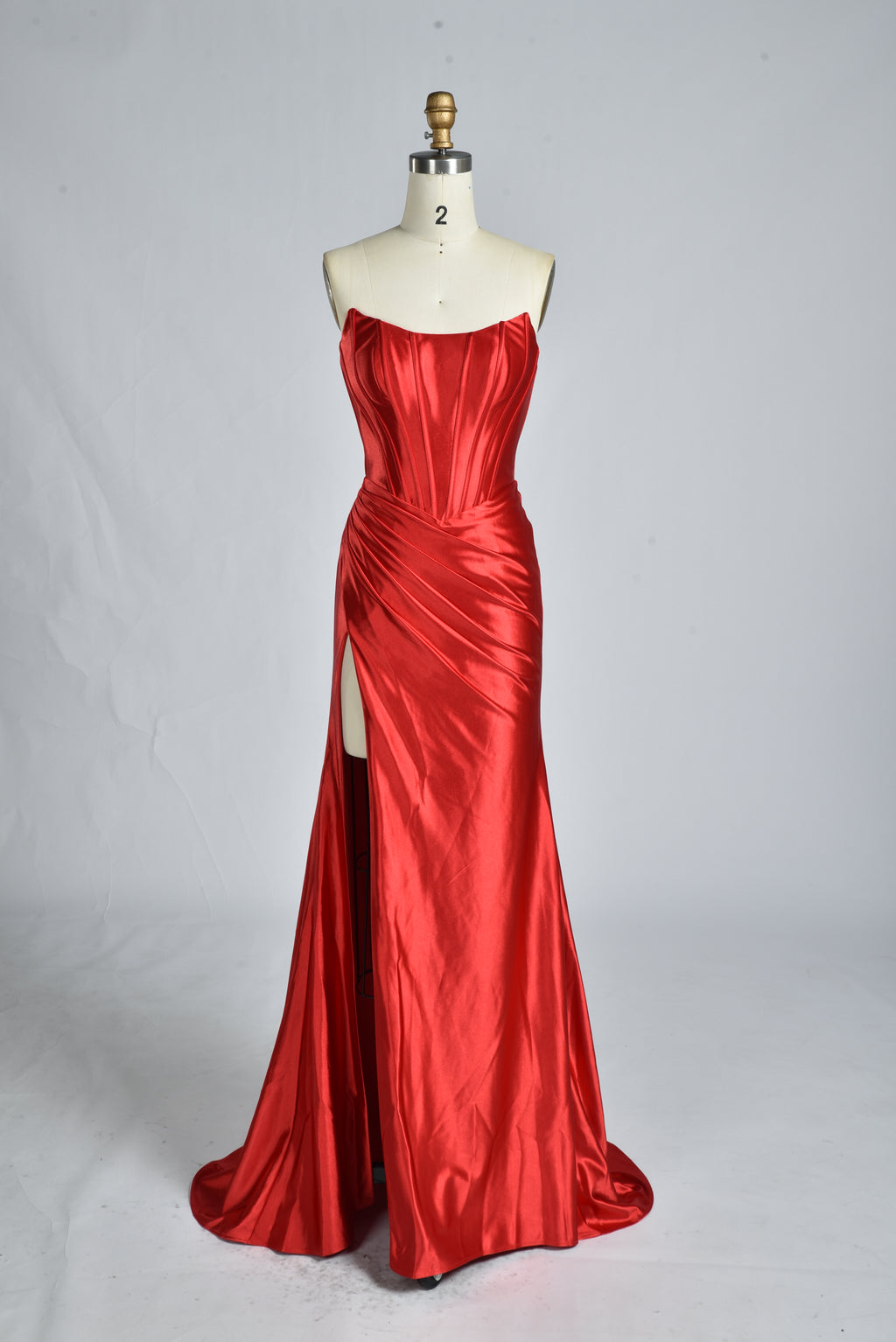 Wholesale Red Satin Strapless Prom Dress with Lace-Up Back D-116C