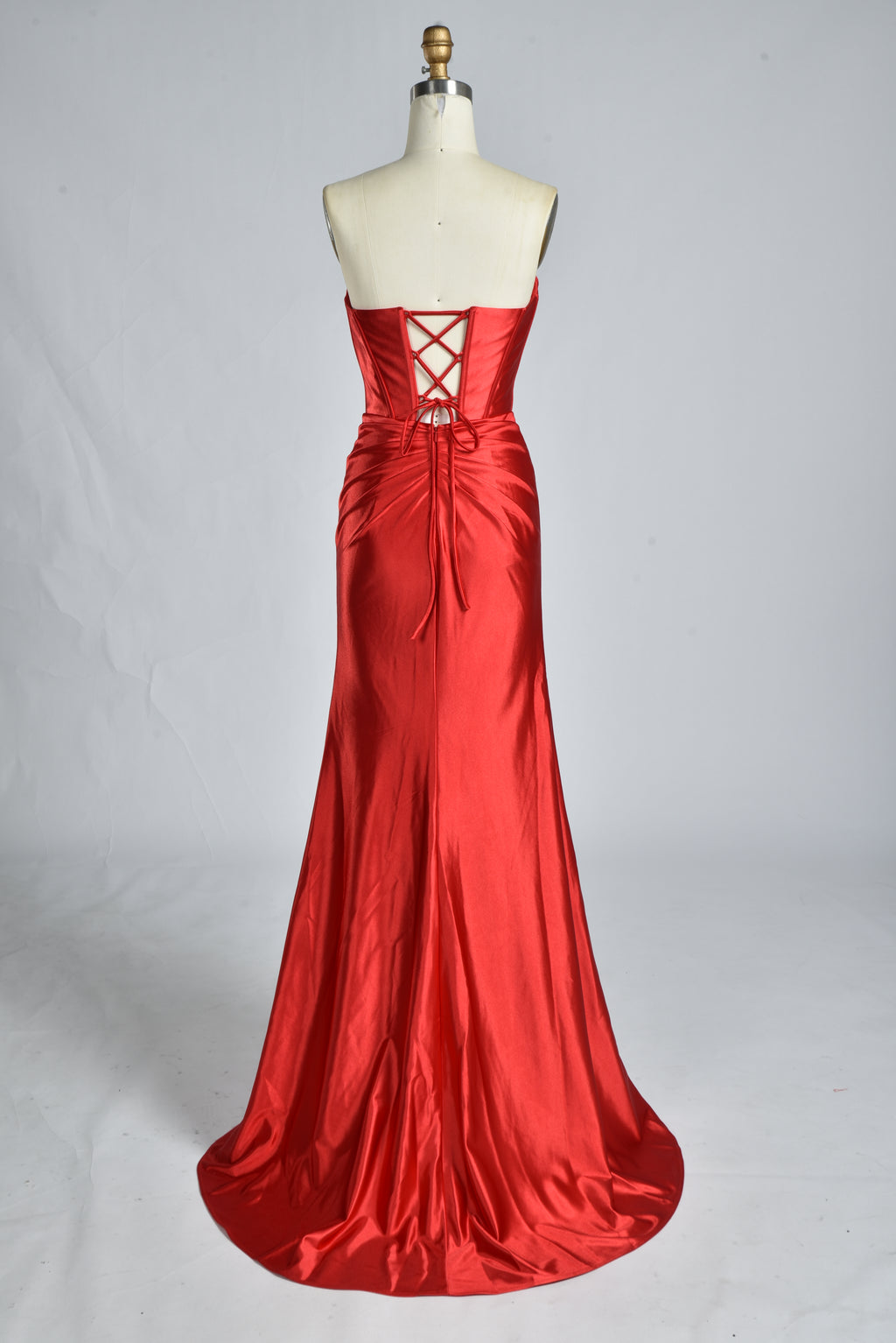 Wholesale Red Satin Strapless Prom Dress with Lace-Up Back D-116C