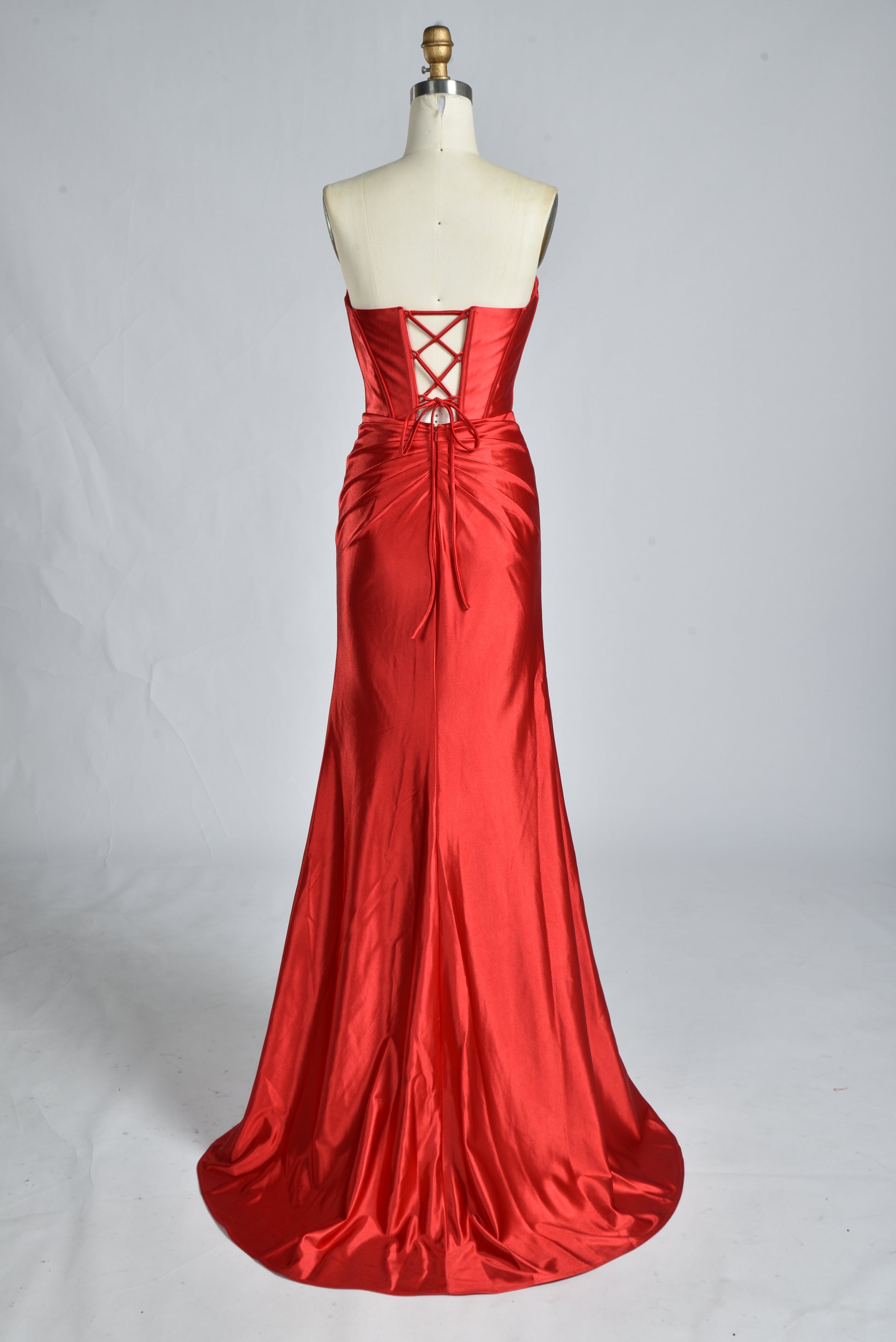 Wholesale Red Satin Strapless Prom Dress with Lace-Up Back D-116C