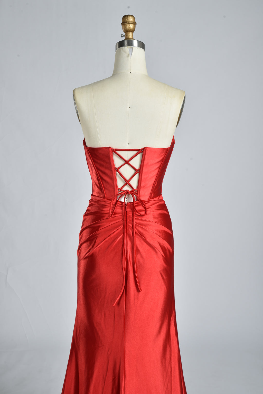 Wholesale Red Satin Strapless Prom Dress with Lace-Up Back D-116C