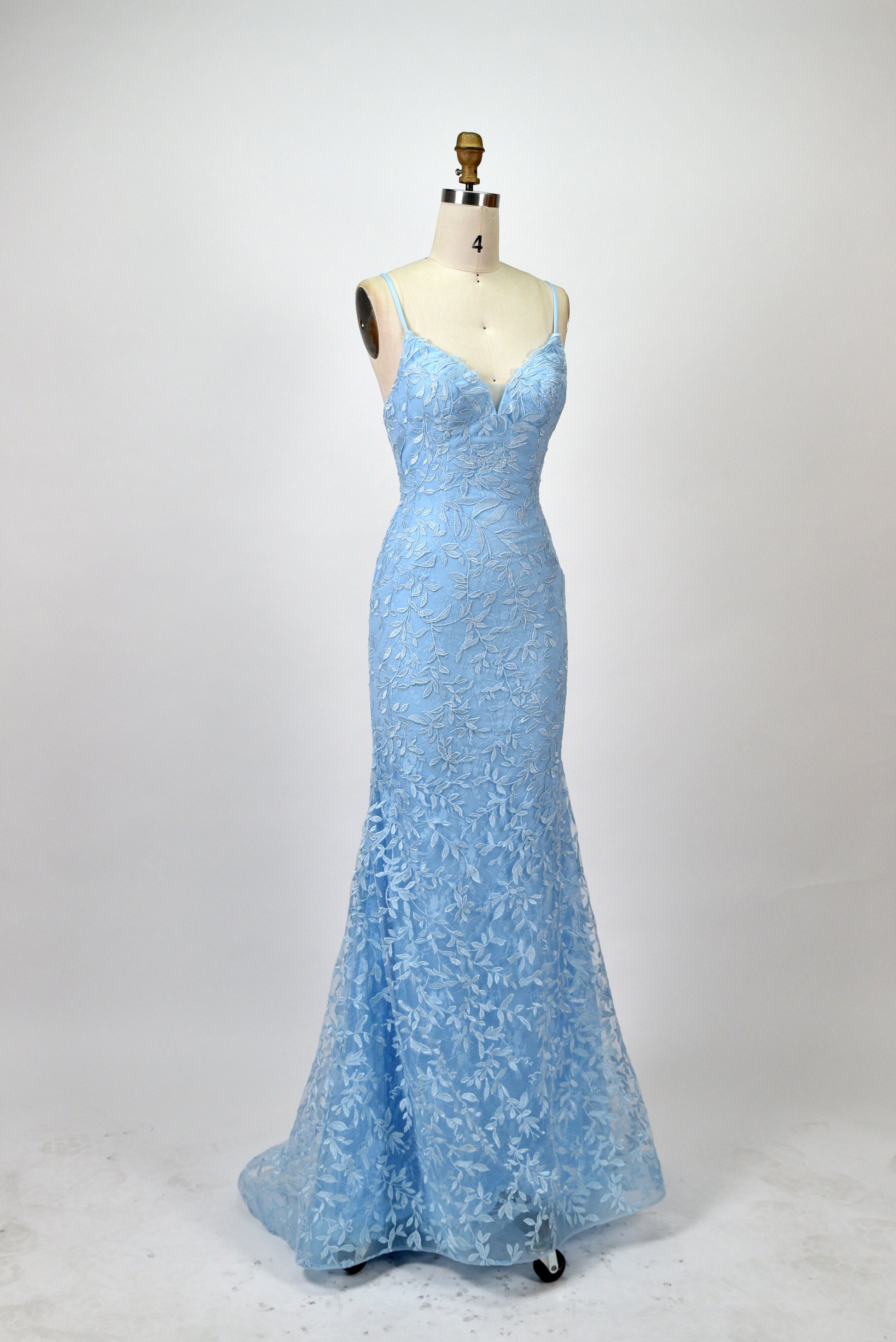 Wholesale V-Neck Lace Appliqué Evening Gown with Sheer Back 32589b