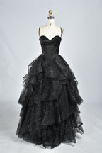 Wholesale Black Sequin Ruffled Spaghetti-Strap Evening Gown 33337