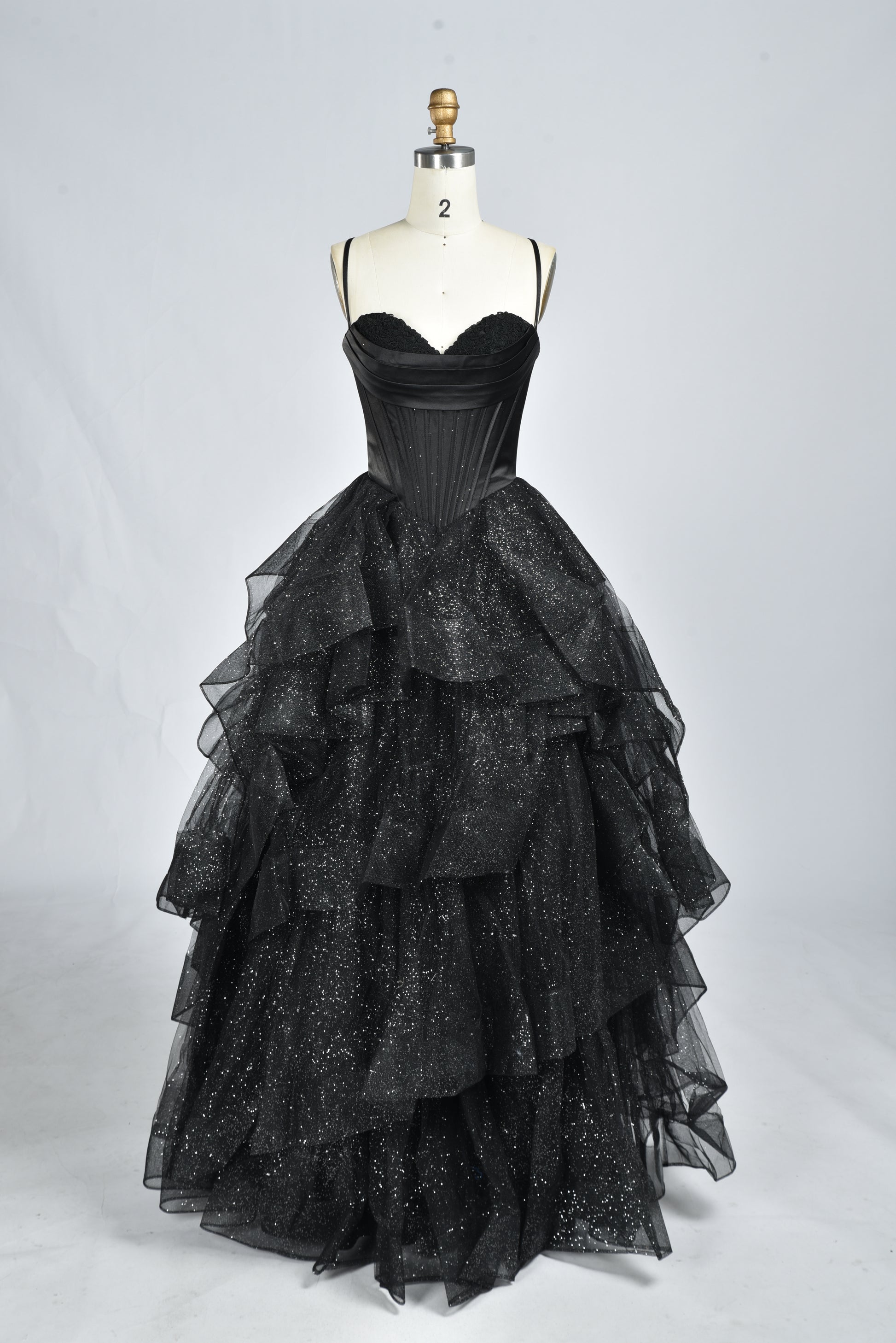 Wholesale Black Sequin Ruffled Spaghetti-Strap Evening Gown 33337