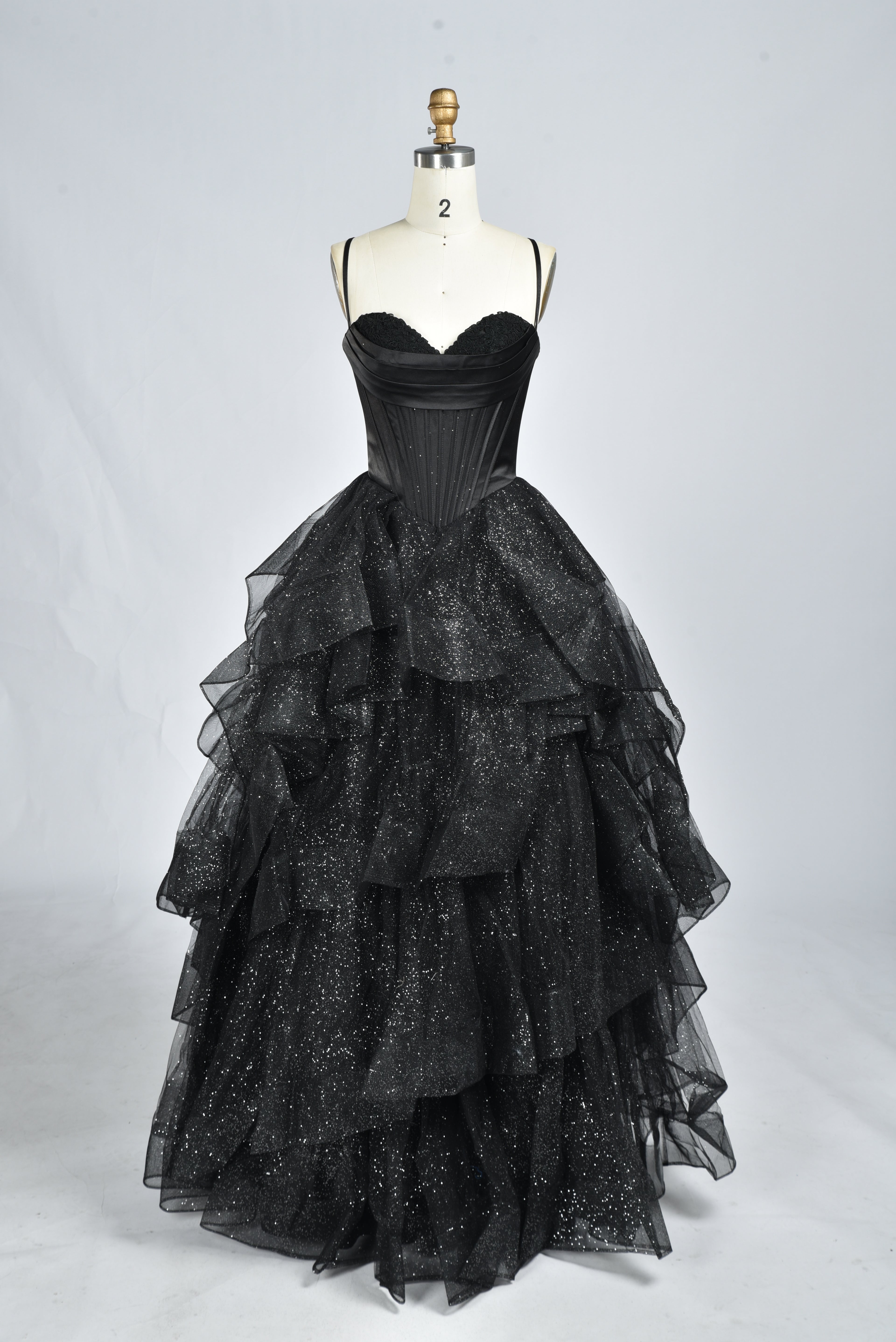 Wholesale Black Sequin Ruffled Spaghetti-Strap Evening Gown 33337